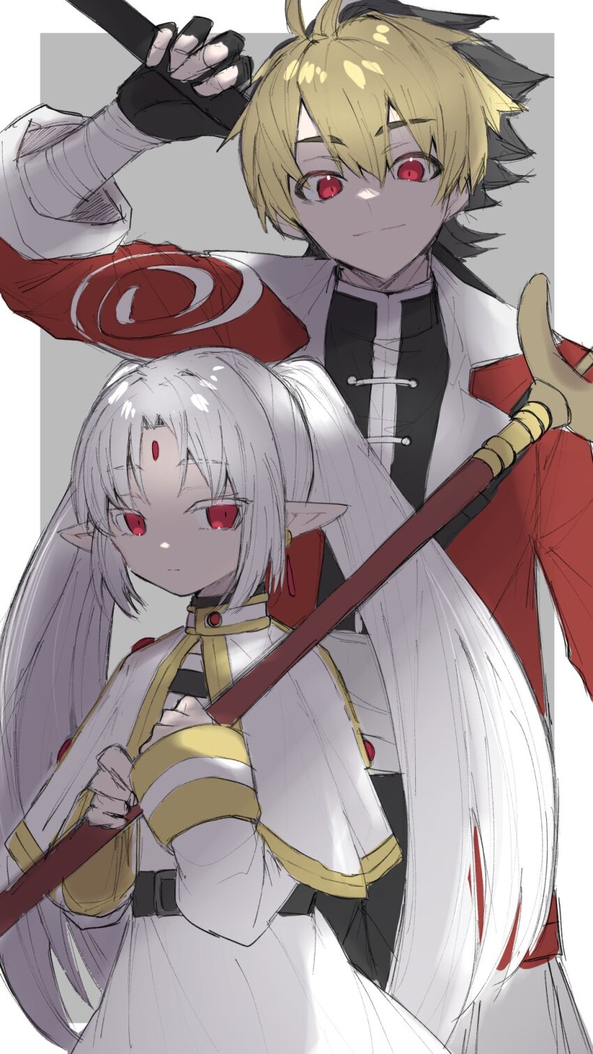 1boy, 1girl, ahoge, axe, battle_axe, black_hair, blonde_hair, capelet