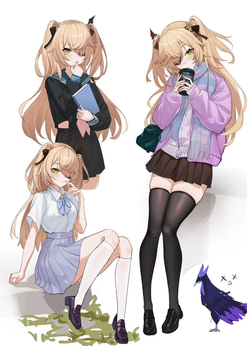 1girl, absurdres, alternate_costume, bag, black_footwear, black_shirt, black_skirt, black_thighhighs