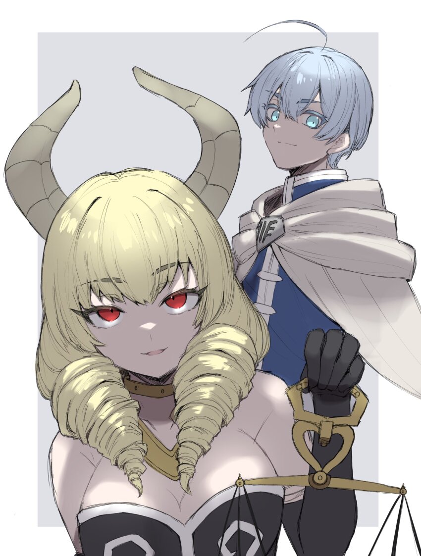 1boy, 1girl, ahoge, aura_(sousou_no_frieren), aura_(sousou_no_frieren)_(cosplay), balance_scale, blonde_hair, blue_eyes, breasts, capelet, cleavage, cloak, closed_mouth, cosplay, demon_horns, drill_hair, erika_wagner, gloves, gold_necklace, hair_between_eyes, hayase, highres, himmel_(sousou_no_frieren), himmel_(sousou_no_frieren)_(cosplay), holding_scale, horns, jewelry, londrekia_light, long_hair, looking_at_viewer, necklace, open_mouth, red_eyes, scales, shoulder_pads, simple_background, smile, sousou_no_frieren, twin_drills, under_night_in-birth, uniform, weighing_scale, white_capelet, white_hair
