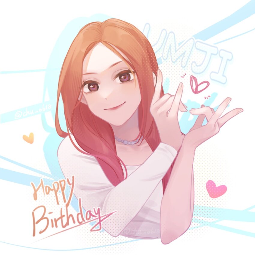 1girl, animification, character_name, chu_0618, colored_shadow, commentary, cropped_torso, english_commentary, gfriend, happy_birthday, heart, heart_hands, highres, jewelry, k-pop, long_hair, looking_at_viewer, necklace, orange_hair, pearl_necklace, real_life, shadow, shirt, smile, solo, umji_(gfriend), white_shirt