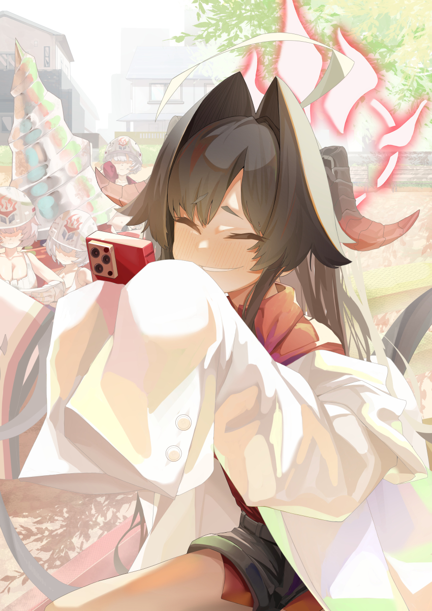 4girls, absurdres, ahoge, black_shorts, blue_archive, blush, breasts, cellphone