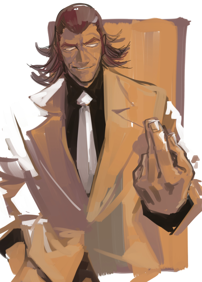 1boy, absurdres, black_shirt, blank_eyes, border, brown_hair, collared_shirt, commentary_request