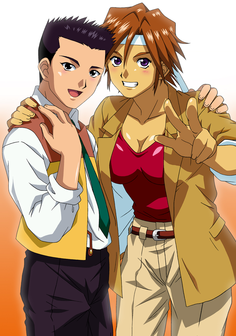 00s, 1boy, 1girl, blush, breasts, brown_hair, cleavage, hand_on_shoulder