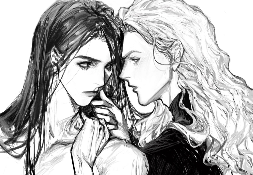 2boys, animification, bishounen, closed_mouth, collarbone, collared_jacket, eye_contact, eyelashes, greyscale, hand_on_another's_chest, hand_on_another's_neck, high_collar, interview_with_a_vampire, jacket, lestat_de_lioncourt_(interview_with_a_vampire), lipstick, long_hair, long_sleeves, looking_at_another, louis_de_pointe_du_lac, makeup, male_focus, monochrome, multiple_boys, parted_lips, simple_background, thick_eyebrows, topless_male, upper_body, wavy_hair, white_background, yaoi, zhishi_(itsme948)