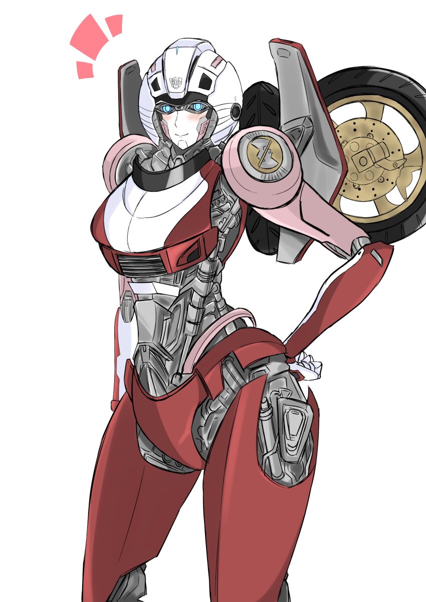 1girl, absurdres, arcee, autobot, blue_eyes, blush, hand_on_own_hip, helmet