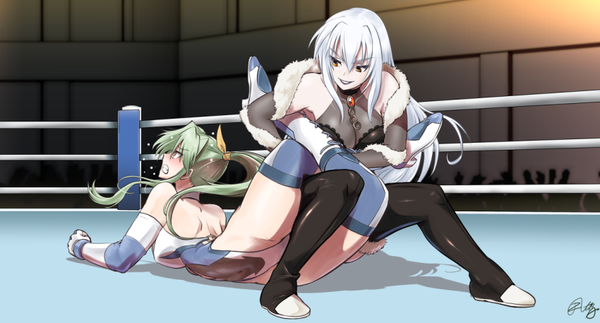 2girls, boots, commission, elbow_pads, freia_kagami, green_hair, hanabusa_(xztr3448), leotard