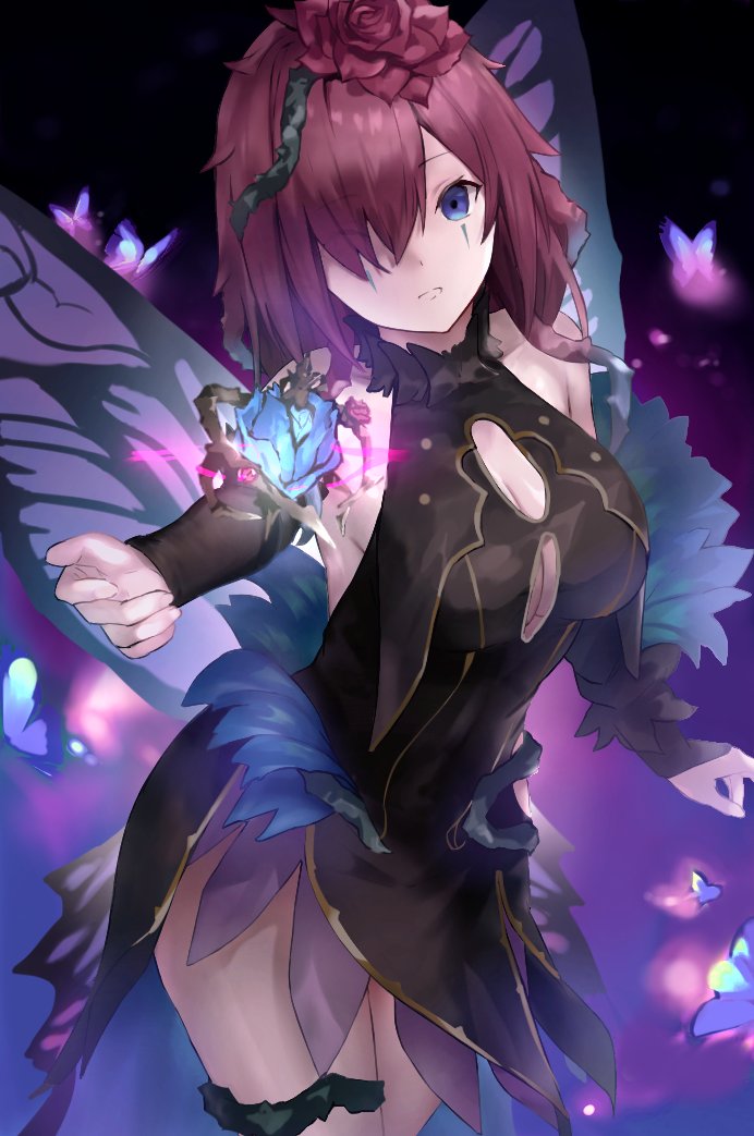 1girl, bare_shoulders, bii_bii_(bronzeii002), blue_eyes, breasts, butterfly_wings, closed_mouth, commission