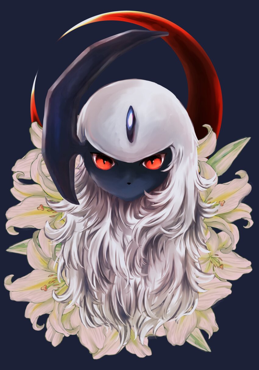 absol, absurdres, animal_focus, blue_background, flower, forehead_jewel, fuju1012, gen_3_pokemon