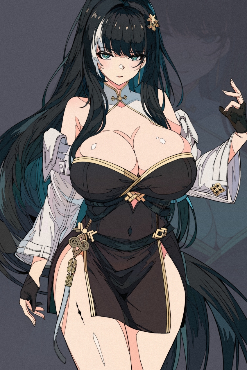 1girl, baizhi_(wuthering_waves), bare_legs, bare_shoulders, black_dress, black_gloves, black_hair, body_markings, breasts, chinese_commentary, chinese_knot, cleavage, coin, commentary, covered_navel, cowboy_shot, detached_sleeves, dress, film_grain, gloves, green_eyes, grey_background, hair_intakes, hand_up, heavy_film_grain, highres, holed_coin, huge_breasts, large_breasts, long_hair, multicolored_hair, open_mouth, partially_fingerless_gloves, short_dress, side_slit, simple_background, skindentation, smile, solo, strapless, strapless_dress, streaked_hair, tacet_mark_(wuthering_waves), thighs, very_long_hair, wanlai_bu_shiman, white_sleeves, wuthering_waves, zoom_layer