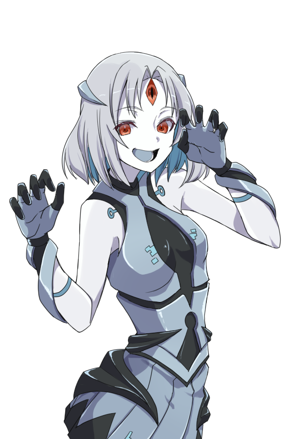 1girl, aqua_hair, arm_strap, assault_lily, bare_shoulders, black_bodysuit, black_gloves, bodysuit, breasts, claw_pose, colored_inner_hair, colored_skin, colored_tongue, commentary, cowboy_shot, from_side, gloves, grey_gloves, grey_hair, grey_skirt, grey_tongue, gumoyu, hands_up, headpiece, looking_at_viewer, looking_to_the_side, lower_teeth_only, medium_breasts, medium_hair, multicolored_hair, open_mouth, parted_bangs, pleated_skirt, red_eyes, rusalka_(assault_lily), simple_background, skirt, sleeveless, sleeveless_bodysuit, smile, solo, standing, teeth, third_eye, two-tone_gloves, two-tone_hair, white_background, white_skin