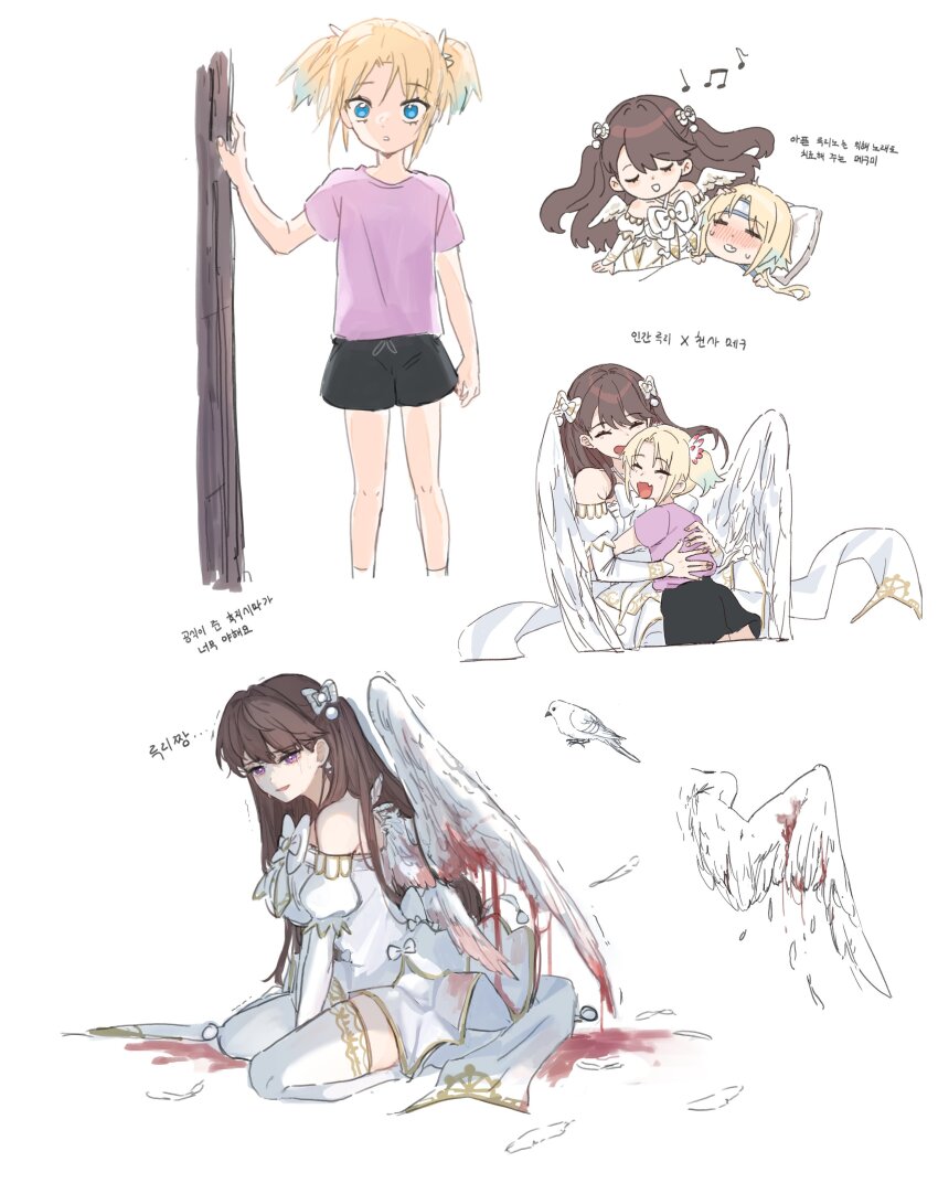 2girls, ^_^, absurdres, aged_down, alternate_universe, angel, angel_wings, basil_(wgh0anzdple3asf)