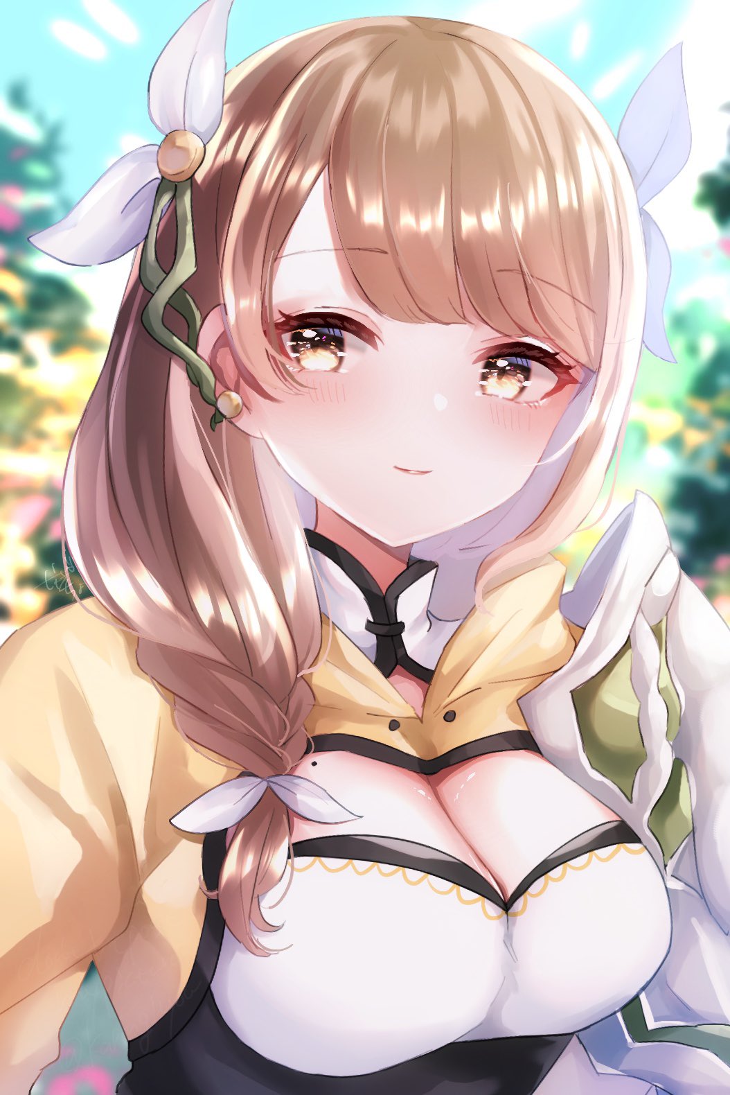 1girl, black_corset, braid, braided_ponytail, breasts, commentary_request, corset, fire_emblem