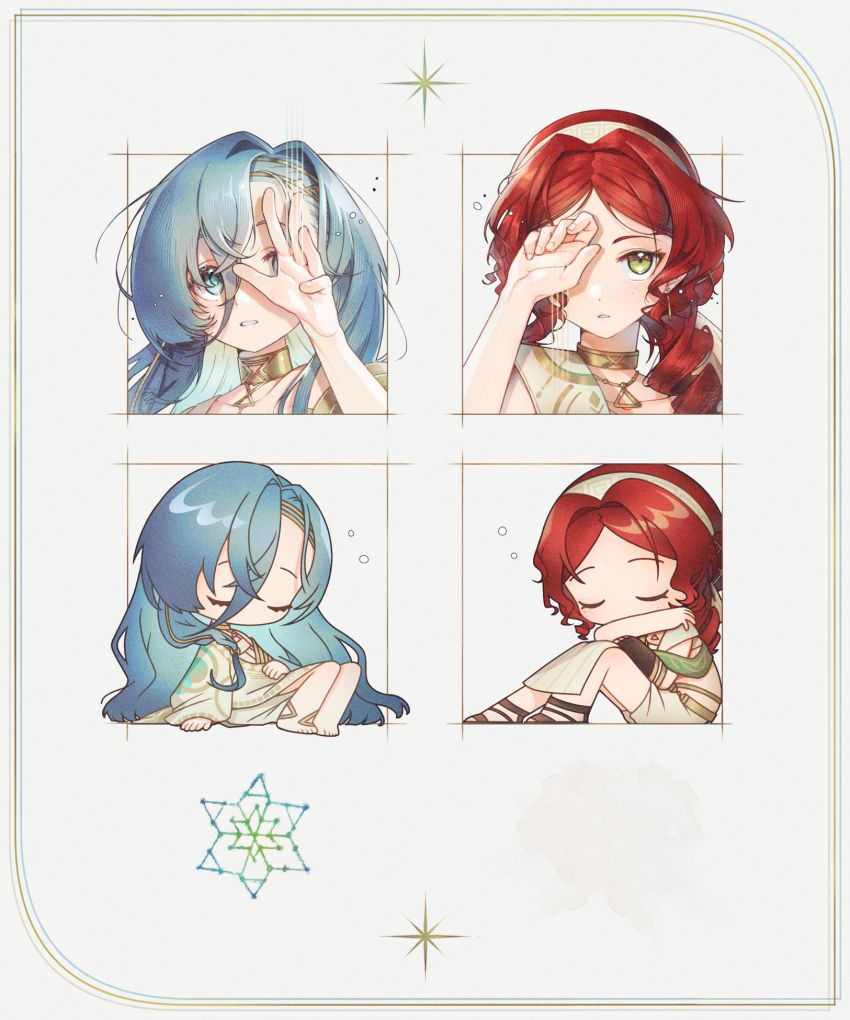 2girls, 37_(reverse:1999), ancient_greek_clothes, arm_support, barefoot, blue_eyes, blue_hair, brown_footwear