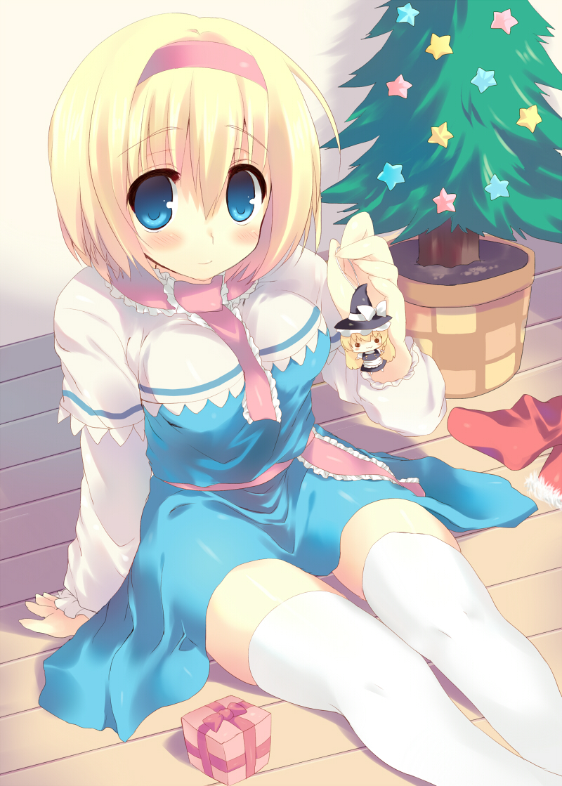 1girl, alice_margatroid, arm_support, bad_id, bad_pixiv_id, blonde_hair, blue_eyes, breasts