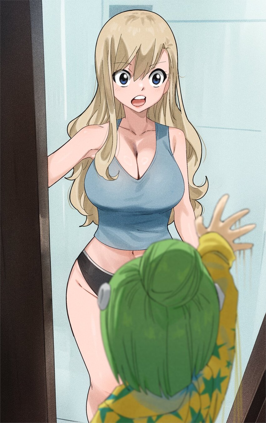 2girls, blonde_hair, blue_eyes, breasts, cleavage, eden's_zero, gaston18, green_hair