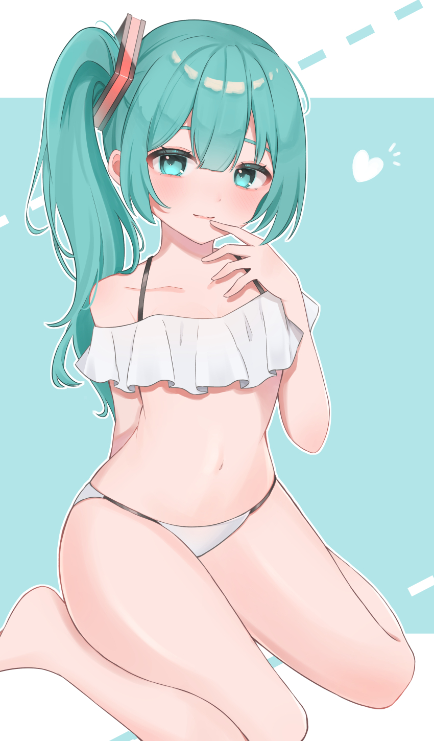 1girl, absurdres, alternate_hairstyle, aqua_eyes, aqua_hair, bikini, collarbone, commentary, frilled_bikini, frills, full_body, hatsune_miku, highres, looking_at_viewer, mokoinu_(pixiv_27216243), side_ponytail, sitting, smile, solo, swimsuit, vocaloid, wariza, white_bikini