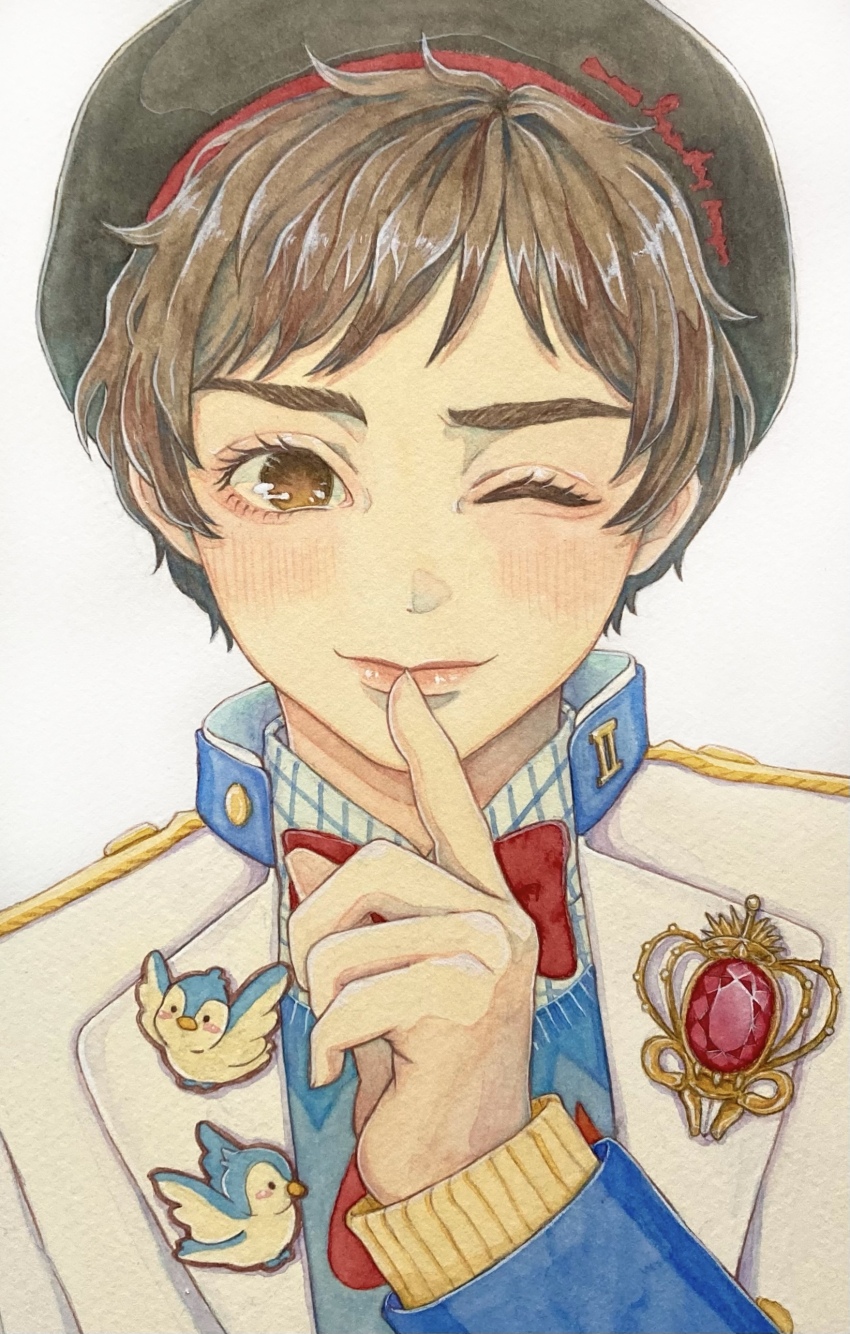 1boy, absurdres, aegyo_sal, bird, bluebird, blush, brown_eyes, brown_hair