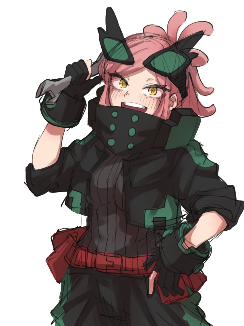 1girl, :d, black_gloves, black_jacket, blush, boku_no_hero_academia, cosplay, cowboy_shot
