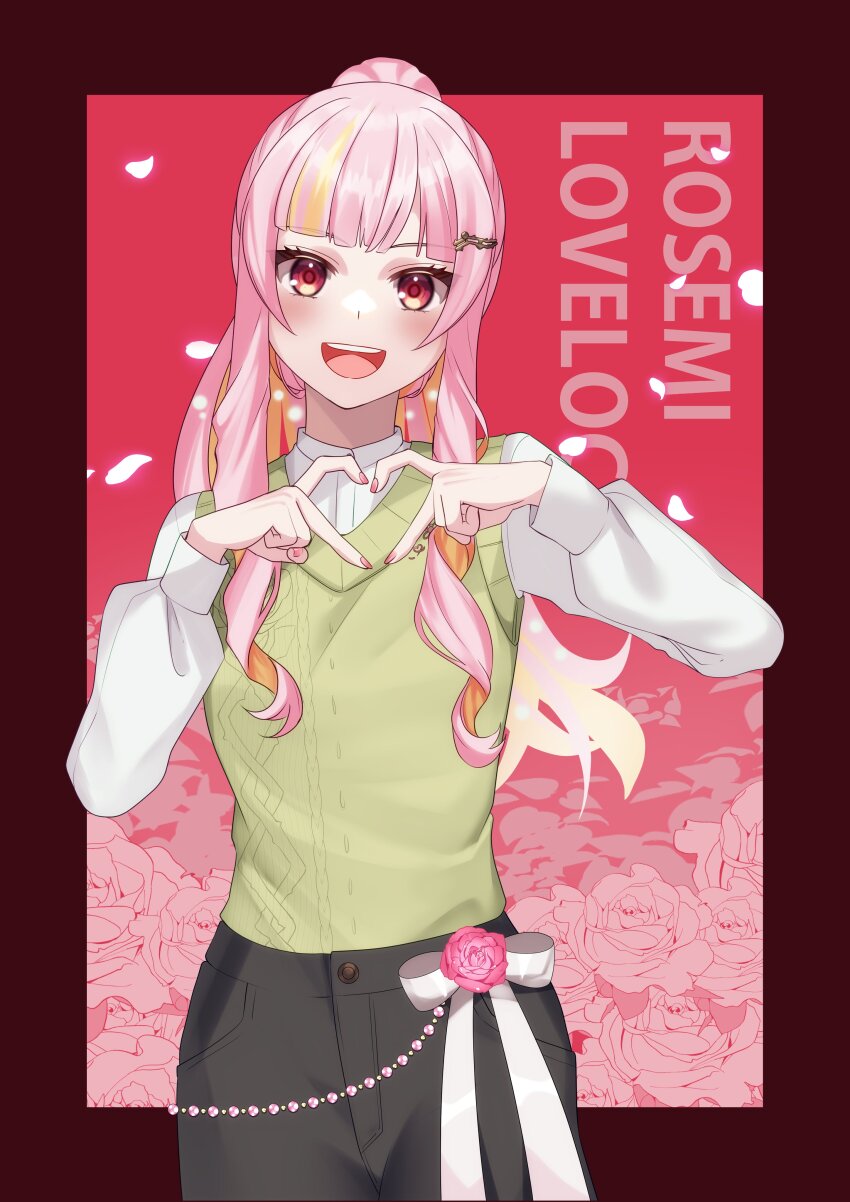 1girl, absurdres, blush, character_name, colored_inner_hair, falling_petals, flower, hair_ornament