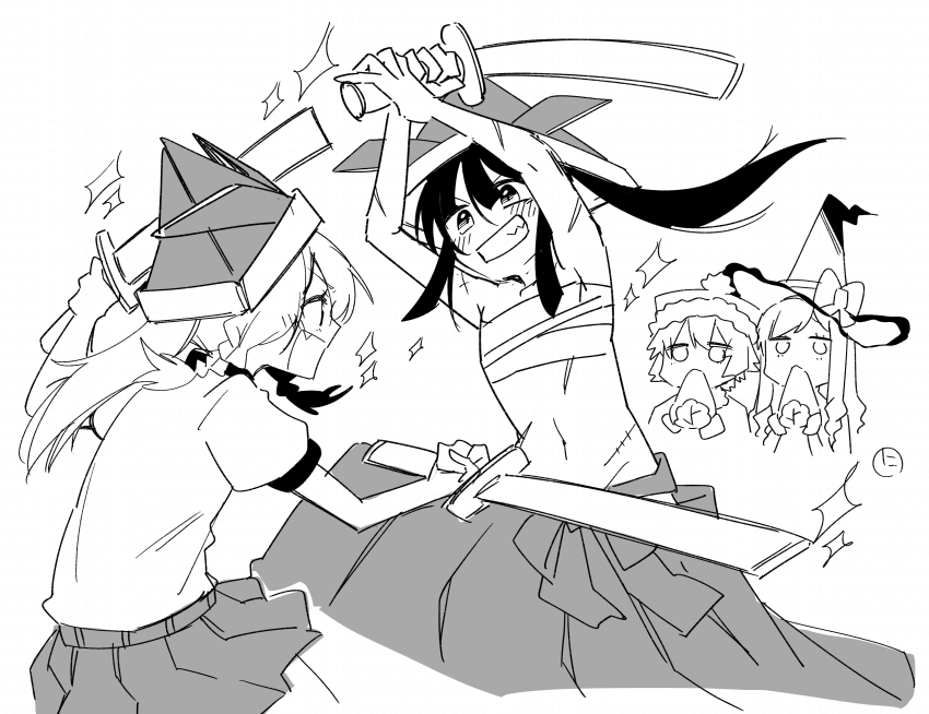 :d, absurdres, arms_up, bare_arms, bare_shoulders, blush, bow, braid, bushidou_(sekaiju), bushidou_2_(sekaiju), character_request, children's_day, doctor_magus, doctor_magus_4, dual_wielding, etrian_odyssey, fang, food, fur-trimmed_headwear, fur_trim, greyscale, grin, gunner_(sekaiju), gunner_1_(sekaiju), hakama, hakama_skirt, hat, hat_bow, highres, holding, holding_food, japanese_clothes, kashiwa_mochi_(food), kodomo_no_hi, long_hair, mochi, monochrome, navel, nikki_kyousuke, open_mouth, paper_hat, paper_kabuto, pleated_skirt, ponytail, puffy_short_sleeves, puffy_sleeves, sarashi, scar, scar_on_stomach, short_sleeves, simple_background, skirt, smile, very_long_hair, white_background, witch_hat