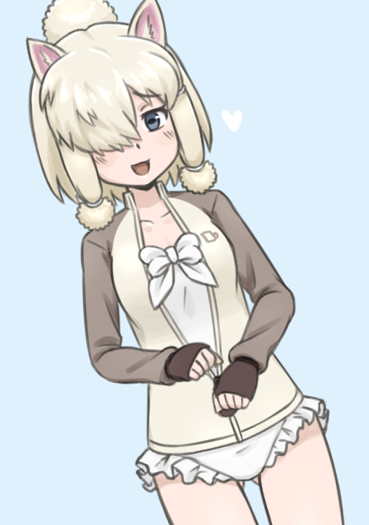 :3, acesrulez, alpaca_ears, alpaca_girl, alpaca_suri_(kemono_friends), animal_ears, blue_background, blue_eyes, bow, bowtie, cardigan, common_bottlenose_dolphin_(kemono_friends), common_bottlenose_dolphin_(kemono_friends)_(cosplay), cosplay, cowboy_shot, dutch_angle, frilled_one-piece_swimsuit, frills, grey_sweater, hair_bun, hair_over_one_eye, hair_tubes, heart, kemono_friends, kemono_friends_3, long_sleeves, one-piece_swimsuit, open_cardigan, open_clothes, open_mouth, short_hair, sidelocks, sleeves_past_wrists, smile, sweater, swimsuit, two-tone_sweater, white_bow, white_bowtie, white_hair, white_one-piece_swimsuit, white_sweater