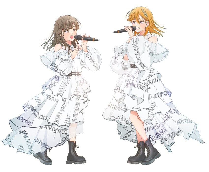 2girls, ankle_boots, black_footwear, boots, brown_eyes, brown_hair, clothing_cutout, commentary_request, date_sayuri, dress, free_flight_(love_live!), full_body, hair_ornament, highres, holding, holding_microphone, layered_dress, long_sleeves, looking_at_another, love_live!, love_live!_superstar!!, medium_hair, microphone, multiple_girls, music, open_mouth, orange_hair, print_dress, purple_eyes, shibuya_kanon, shoulder_cutout, singing, musical_staff, standing, swept_bangs, wabe417, white_background, white_dress