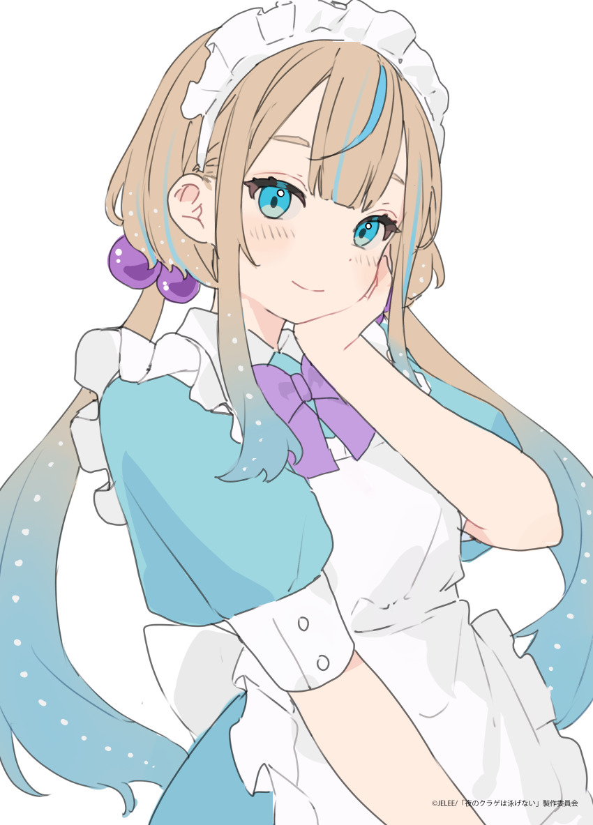 1girl, absurdres, apron, aqua_dress, aqua_hair, blue_eyes, blush, bow