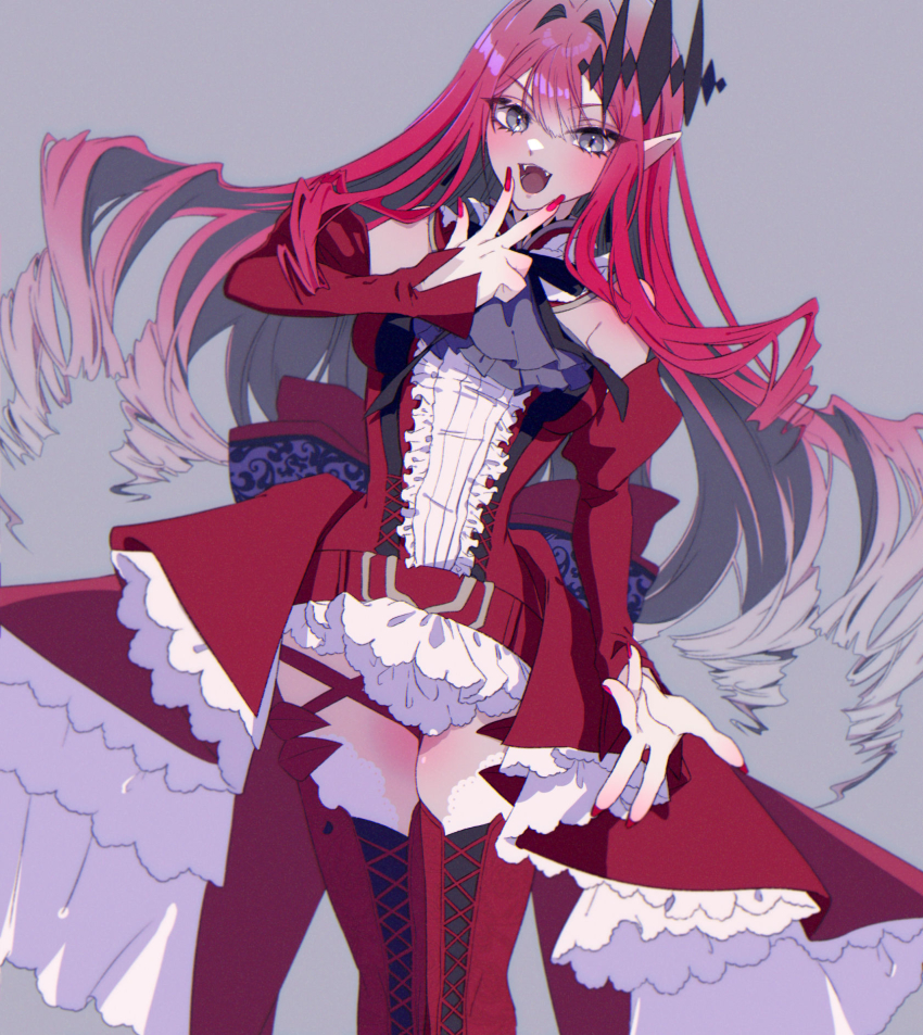 1girl, baobhan_sith_(fate), baobhan_sith_(first_ascension)_(fate), blush, boots, breasts, detached_sleeves, dress, earrings, fangs, fate/grand_order, fate_(series), frilled_dress, frills, grey_background, grey_eyes, hair_ornament, hand_up, highres, jewelry, long_hair, long_sleeves, looking_at_viewer, monimn_n, nail_polish, open_mouth, pink_hair, pointy_ears, red_dress, red_nails, sidelocks, smile, solo, thigh_boots, thighhighs, zettai_ryouiki