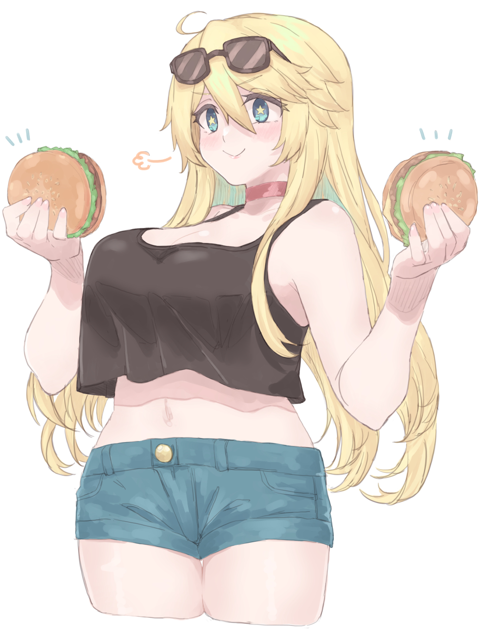 1girl, alternate_costume, azumaya_toride, blonde_hair, blue_eyes, blush, breasts, burger, choker, cleavage, crop_top, crop_top_overhang, cropped_legs, denim, denim_shorts, eyewear_on_head, food, hair_between_eyes, highres, holding, holding_burger, holding_food, iowa_(kancolle), kantai_collection, large_breasts, long_hair, puff_of_air, red_choker, short_shorts, shorts, simple_background, smile, solo, star-shaped_pupils, star_(symbol), sunglasses, symbol-shaped_pupils, white_background