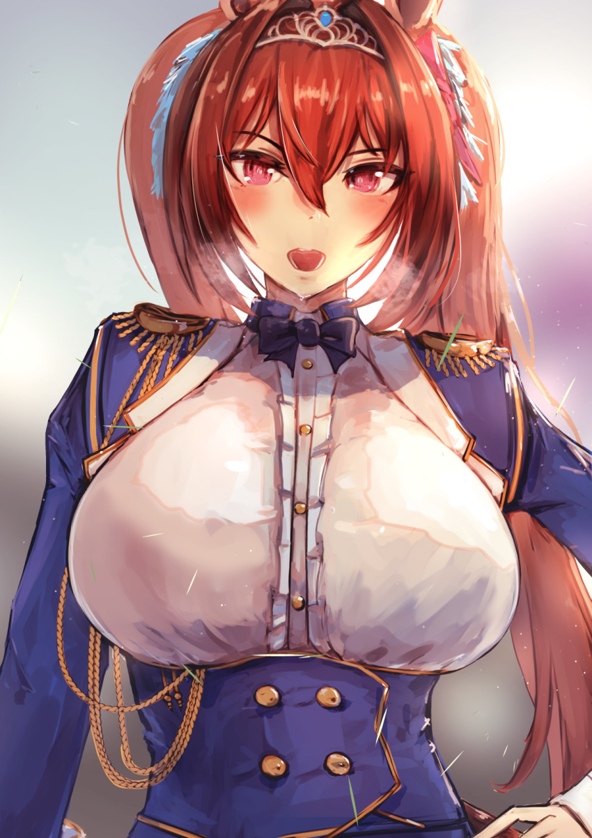 1girl, animal_ears, black_bow, black_bowtie, blue_jacket, blush, bow, bowtie