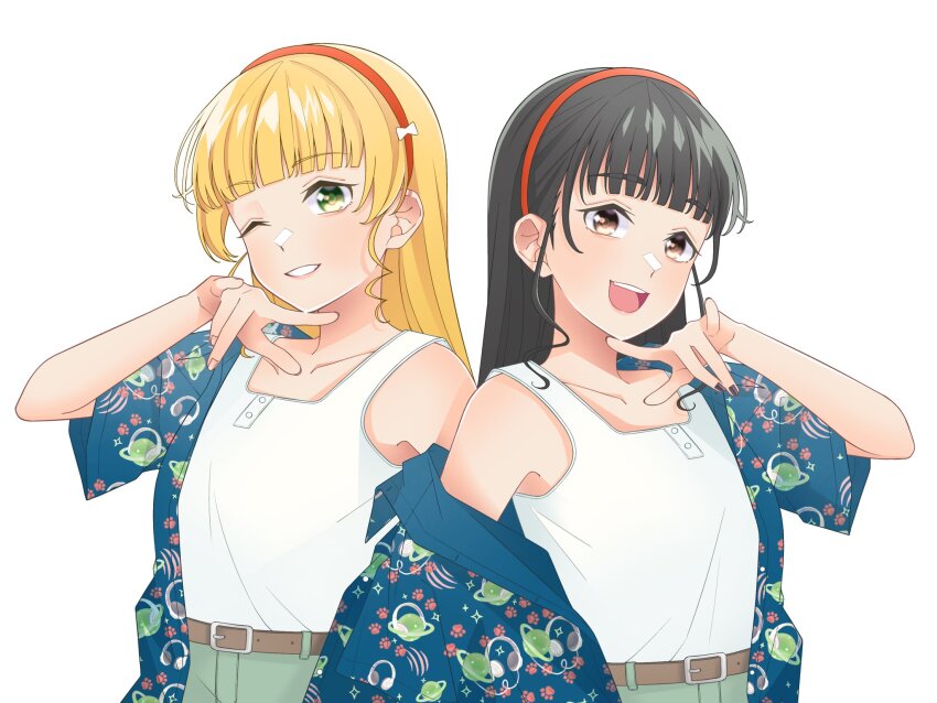 2girls, belt, black_hair, blonde_hair, blue_shirt, blunt_bangs, brown_belt, brown_eyes