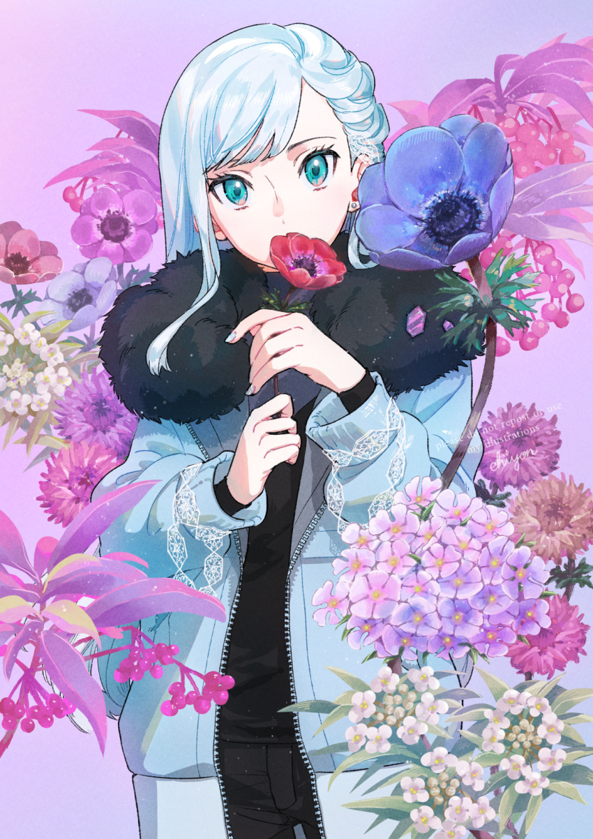 1girl, black_pants, black_shirt, blue_coat, blue_eyes, blue_flower, chon_chiyon, coat