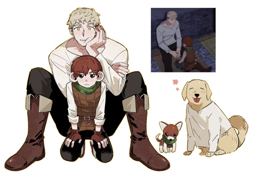 2boys, animal, animalization, armor, ashui_ashui, black_pants, blonde_hair, boots