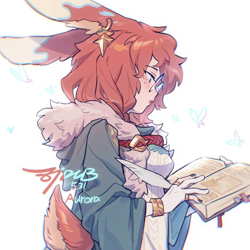 1girl, animal_ears, artist_name, aurora_(league_of_legends), black_nails, blue_eyes, book, chromatic_aberration