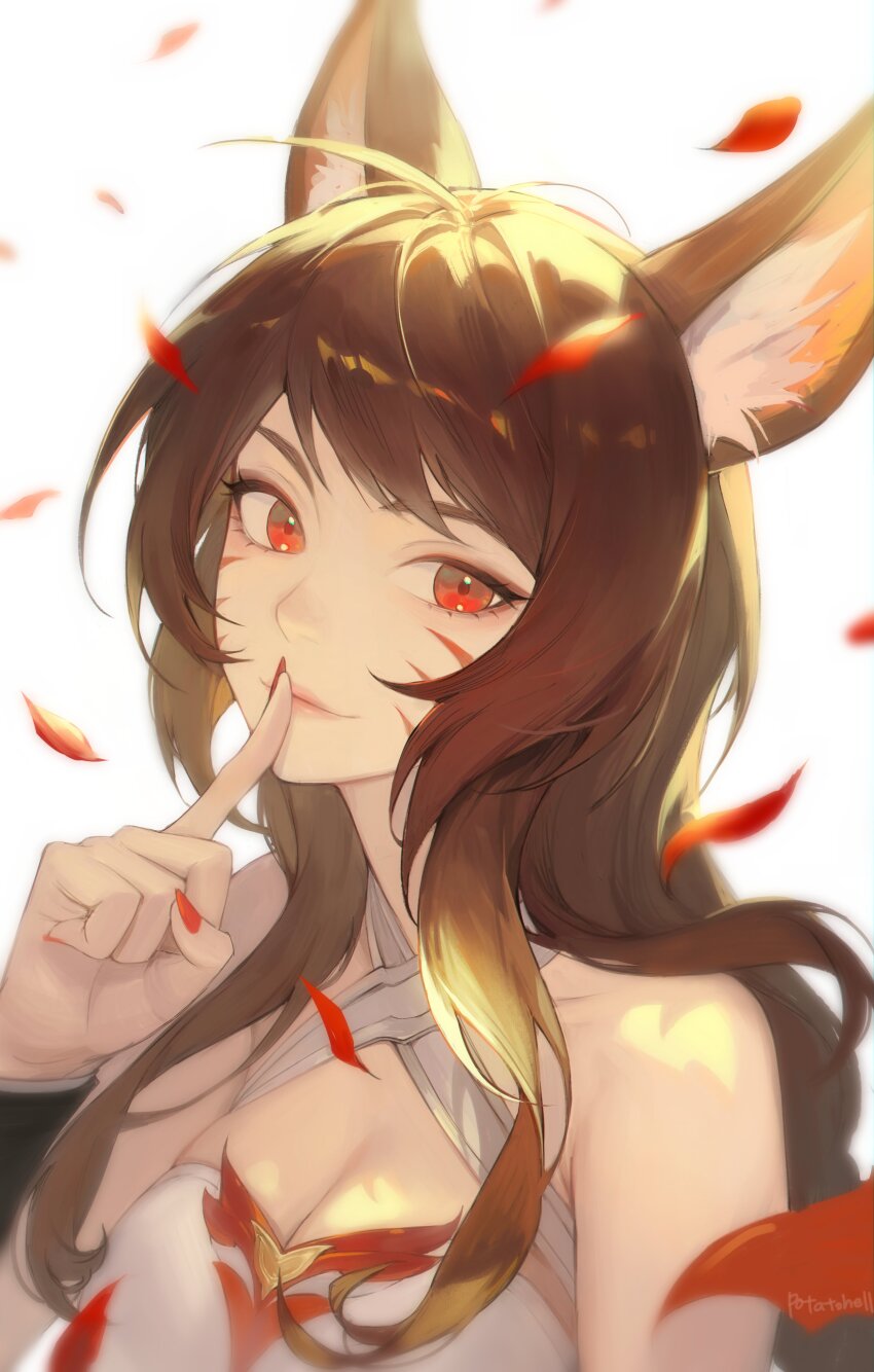 1girl, absurdres, ahri_(league_of_legends), animal_ear_fluff, animal_ears, artist_name, bare_shoulders, black_hair