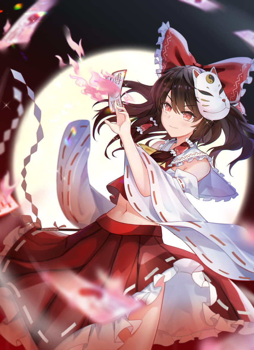 1girl, absurdres, ascot, bai_shiro@, bow, brown_hair, chest_sarashi, closed_mouth