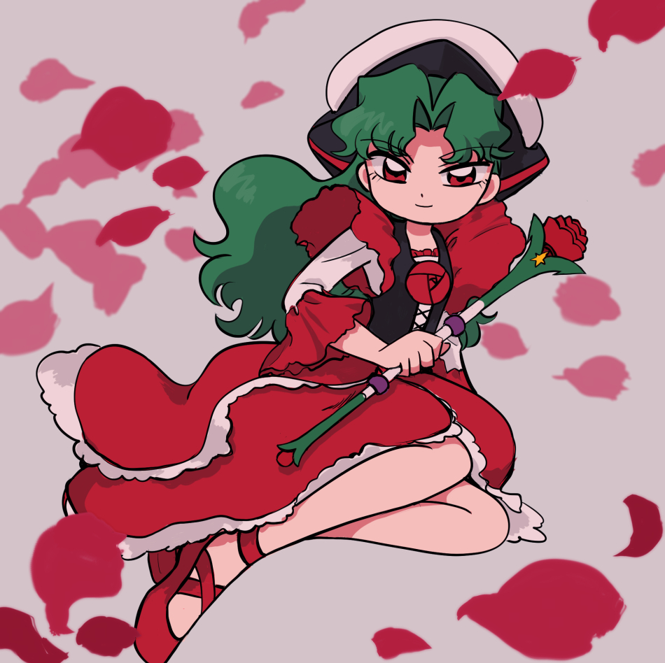 cosmic_baton_girl_comet-san, floral_background, flower_wand, green_hair, hat, ieki_(karakazoy), meteor_(comet-san), red_eyes