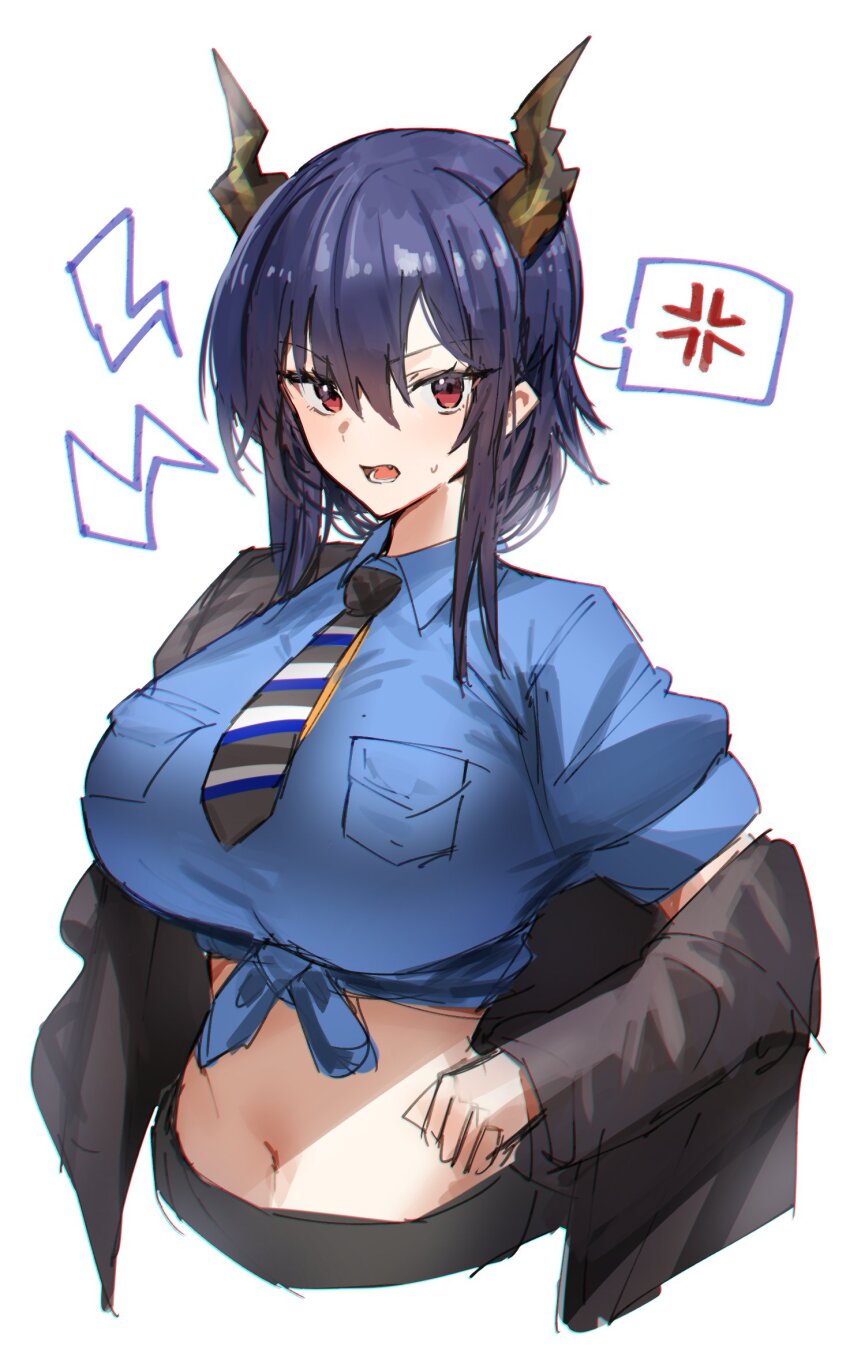 1girl, anger_vein, arknights, black_jacket, blue_hair, blue_shirt, breasts, ch'en_(after_storm)_(arknights), ch'en_(arknights), collared_shirt, commentary_request, crop_top, diagonal-striped_clothes, diagonal-striped_necktie, dragon_girl, dragon_horns, hair_between_eyes, highres, horn/wood, horns, huge_breasts, jacket, looking_at_viewer, midriff, multicolored_necktie, navel, necktie, official_alternate_costume, open_mouth, red_eyes, shirt, simple_background, single_off_shoulder, sketch, solo, spoken_anger_vein, striped_clothes, tied_shirt, upper_body, white_background