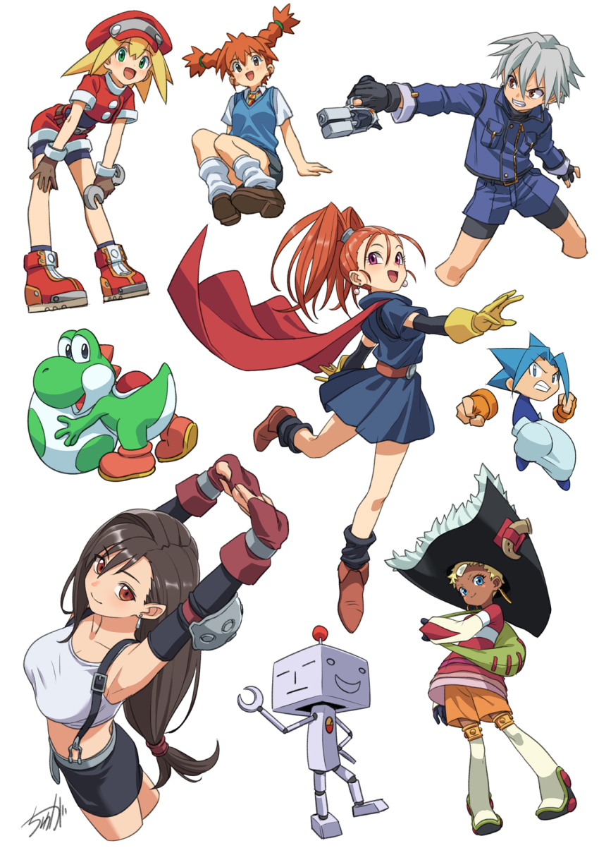 2boys, 2others, 5girls, barbara_(dq6), bare_shoulders, belt, bike_shorts, bike_shorts_under_shorts