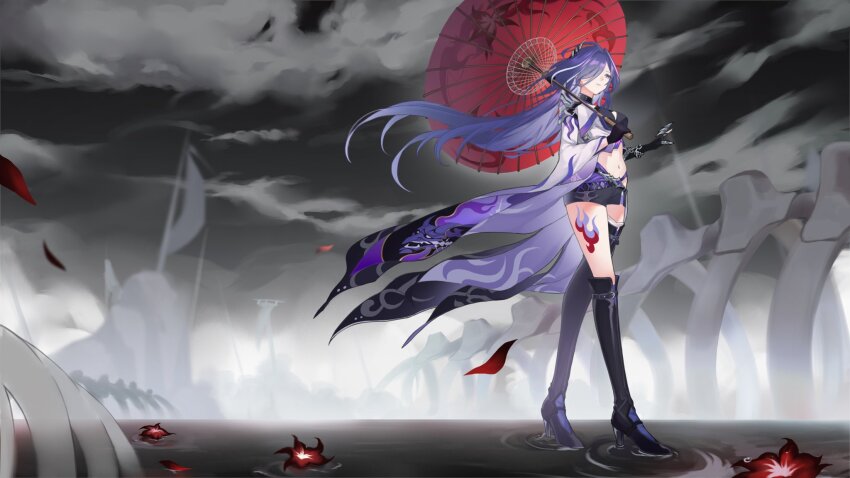 1girl, acheron_(honkai:_star_rail), ahoge, armor, bandaged_leg, bandages, belt, black_belt