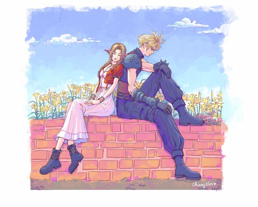 1boy, 1girl, aerith_gainsborough, armor, artist_name, baggy_pants, bangle, belt