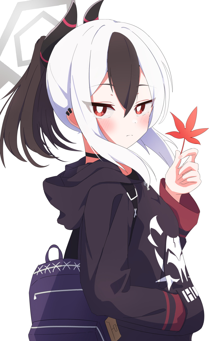 1girl, absurdres, bag, black_choker, black_hair, black_hoodie, black_horns, blue_archive