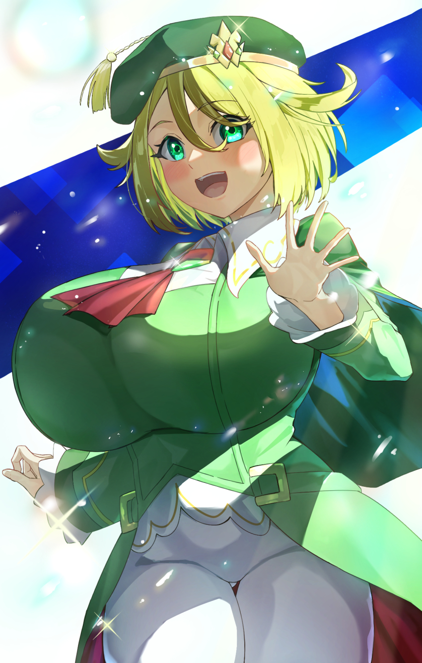 1girl, :d, ascot, beret, bianca_(champion)_(pokemon), bianca_(pokemon), blonde_hair, blush, breasts, cape, coat, coattails, commentary_request, cowboy_shot, green_cape, green_coat, green_eyes, green_hat, hair_between_eyes, hair_flaps, hand_up, hat, hat_tassel, highres, hizakake, huge_breasts, long_sleeves, looking_at_viewer, nintendo, no_eyewear, official_alternate_costume, open_hand, open_mouth, pants, pokemon, pokemon_masters_ex, red_ascot, short_hair, sidelocks, smile, solo, standing, tailcoat, teeth, thigh_gap, tight_clothes, tight_pants, upper_teeth_only, white_pants
