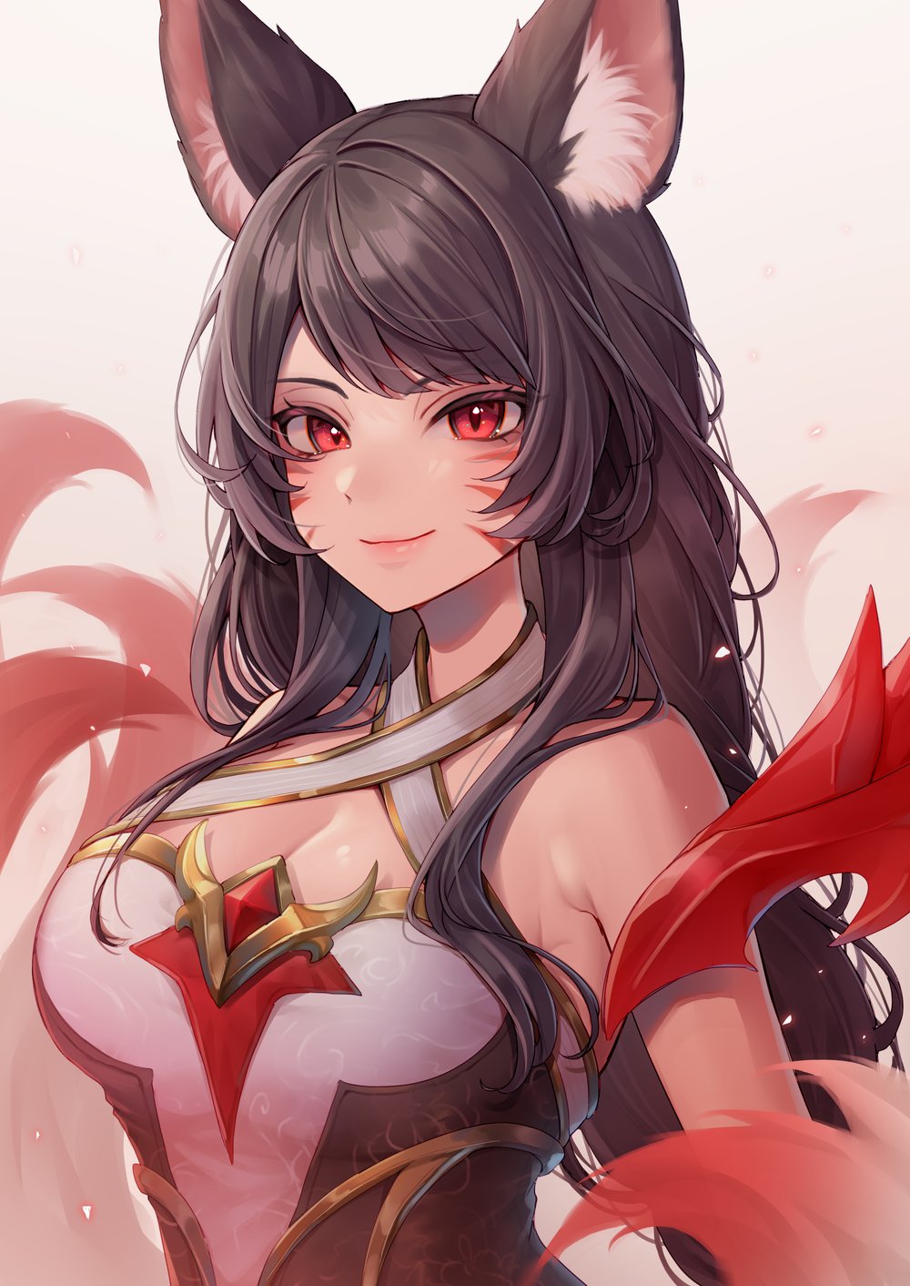 1girl, ahri_(league_of_legends), animal_ears, black_hair, breasts, cleavage, closed_mouth, facial_mark