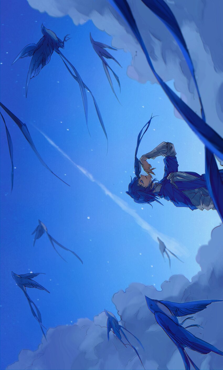 1girl, bird, bird_on_hand, blue_bird, blue_capelet, blue_hair, blue_sky, capelet, closed_eyes, cloud, colored_eyelashes, day, dress, final_fantasy, final_fantasy_xiv, from_side, hand_up, head_wings, highres, long_sleeves, meteion, oceanneverwet, outdoors, profile, short_hair, sideways, sky, smile, solo, upper_body, white_dress, wings