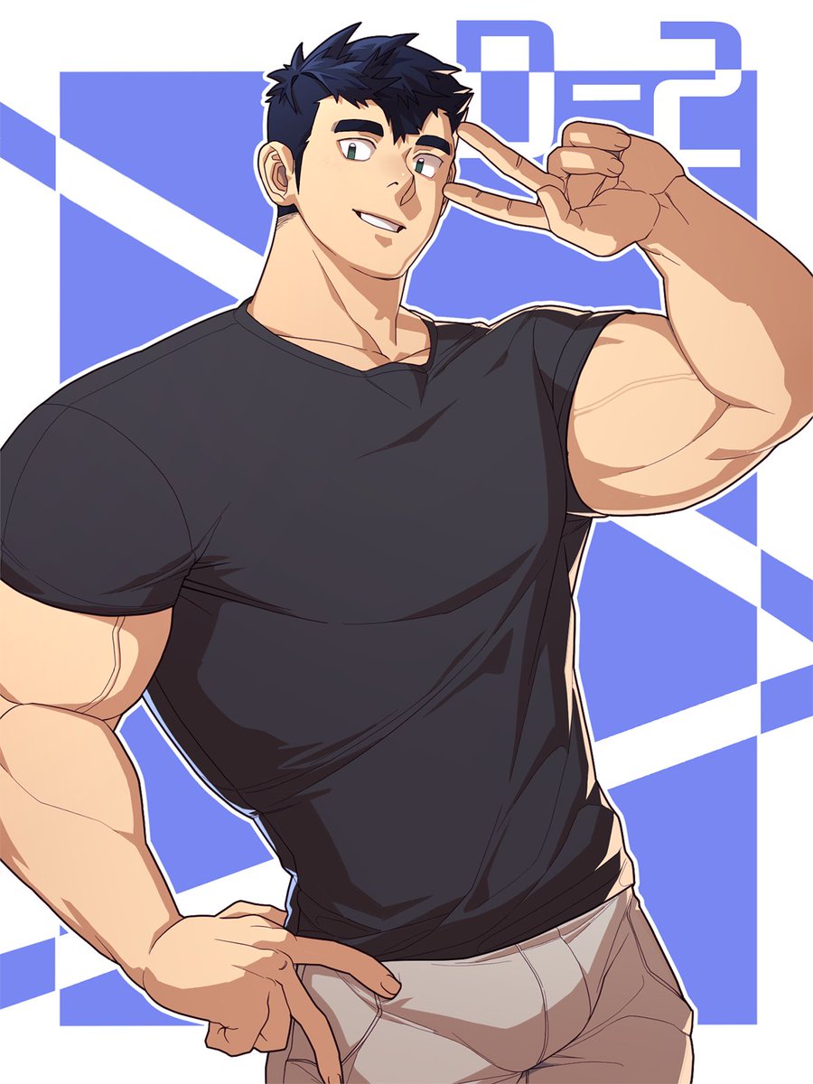 1boy, bara, black_hair, black_shirt, brown_pants, highres, large_pectorals, looking_at_viewer