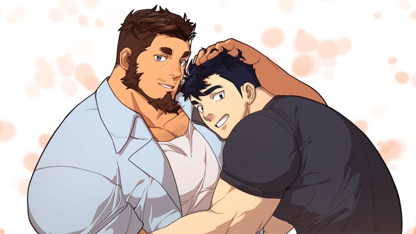 2boys, bara, beard, black_hair, black_shirt, black_tank_top, brown_hair, collared_shirt