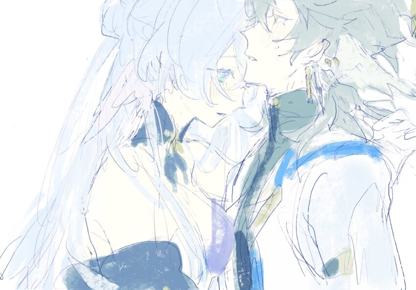 1boy, 1girl, bare_shoulders, blue_hair, blush, braid, coat, detached_sleeves