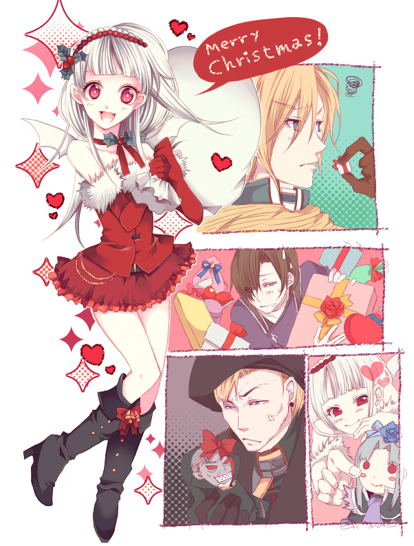 1girl, 3boys, anger_vein, ari_(pixiv), bat_wings, beret, blonde_hair, boots