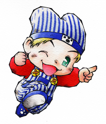 1boy, blonde_hair, full_body, green_eyes, harvest_moon, lowres, male_focus, muffy's_son, official_art, simple_background, solo, toddler, white_background